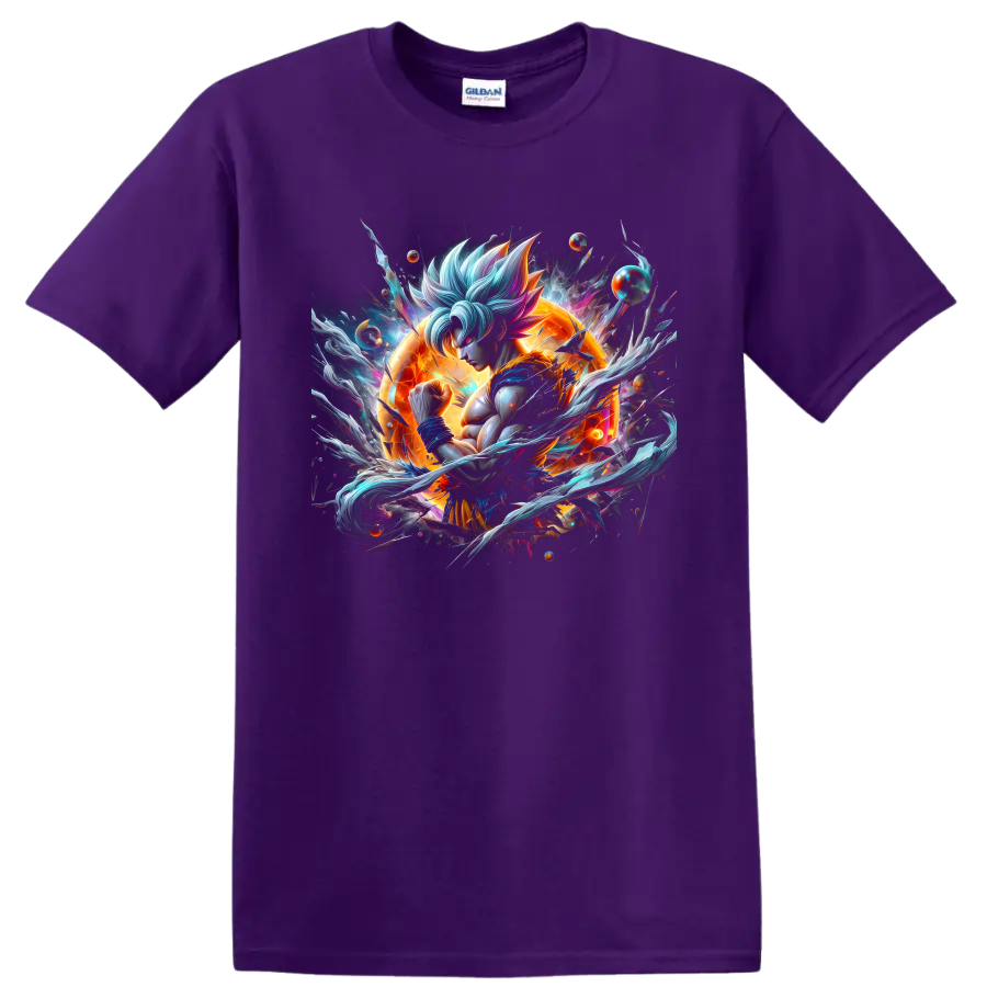 Goku Ultra Instinct cosmic anime warrior graphic with orange energy and swirling effects on a Purple T Shirt