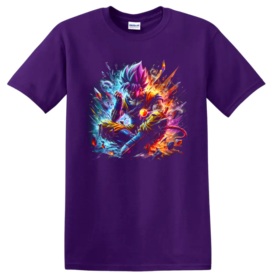 Goku Ultra Instinct in explosive blue and orange anime battle art with energy orb on a Purple T Shirt