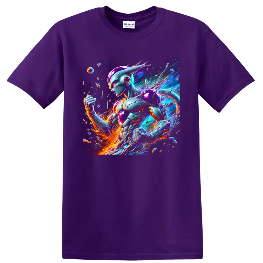 Metal Cooler cybernetic warrior in vivid cosmic neon anime art on a Purple T Shirt