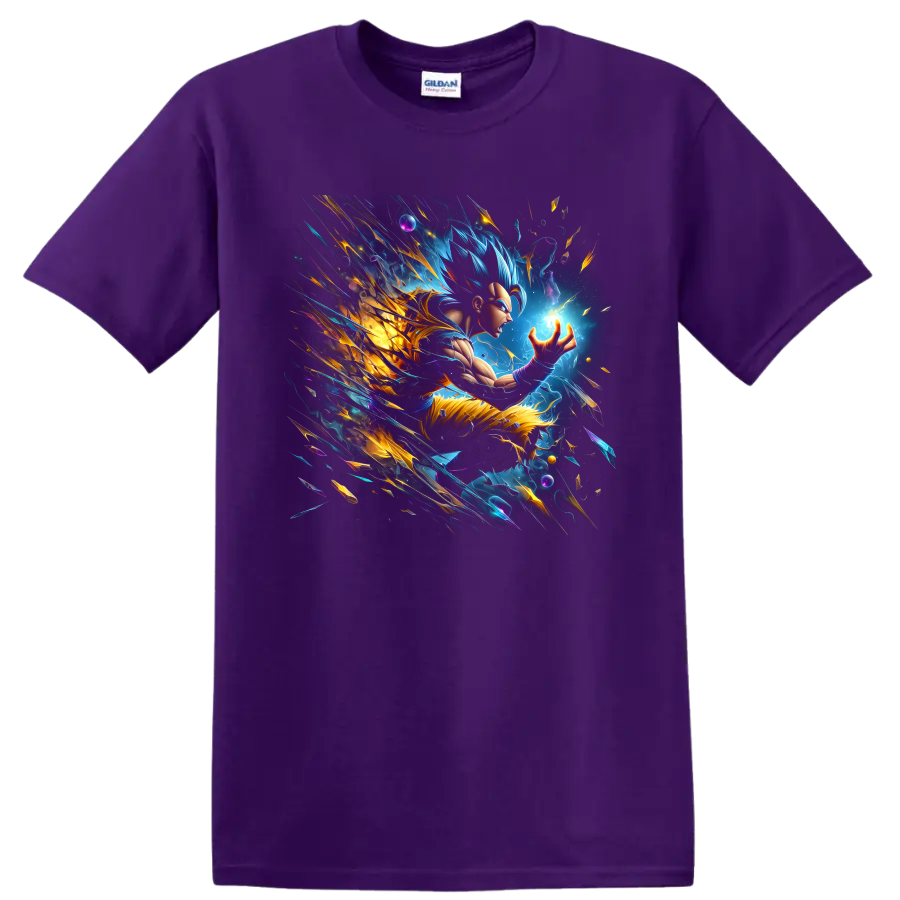 Goku Ultra Instinct cosmic energy graphic with glowing power sphere and lightning on a Purple T Shirt