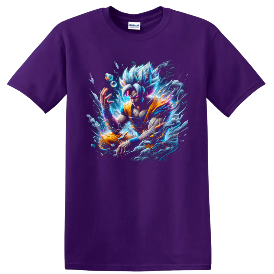 Goku Ultra Instinct anime warrior graphic with silver hair and cosmic energy on a Purple T Shirt