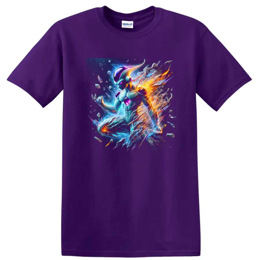 Frieza cosmic anime warrior with blue energy and fiery orange flames on a Purple T Shirt
