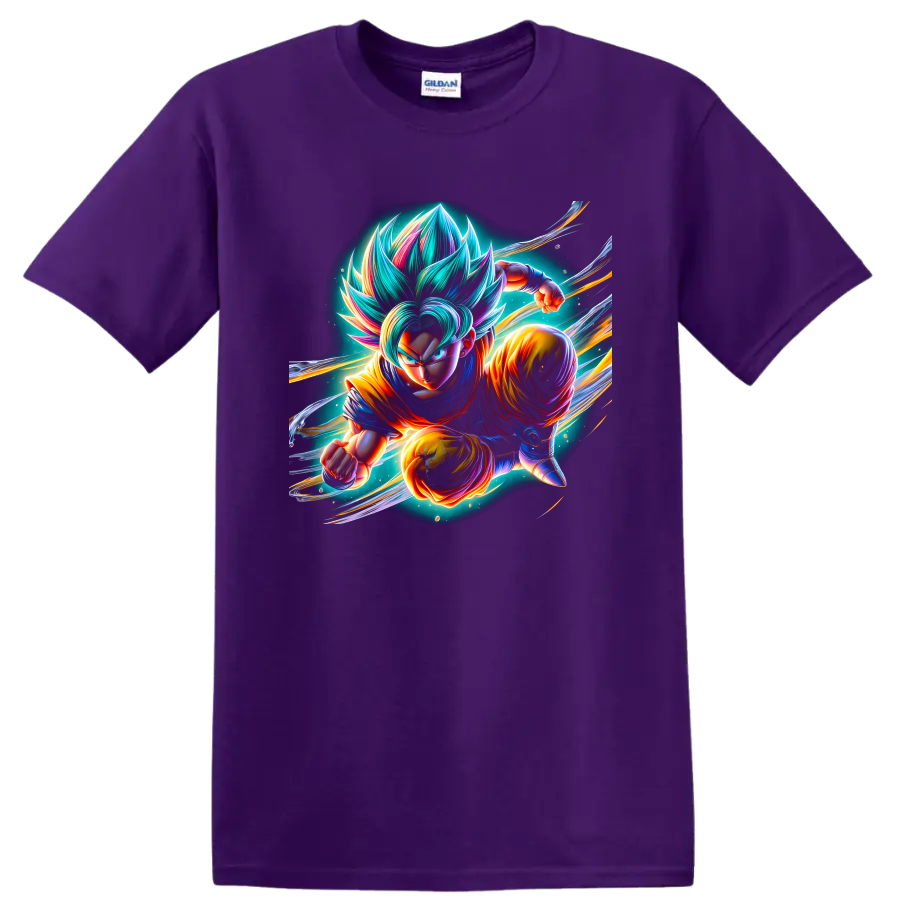 Goku Super Saiyan Blue cosmic anime action graphic with glowing energy trails on a Purple T Shirt