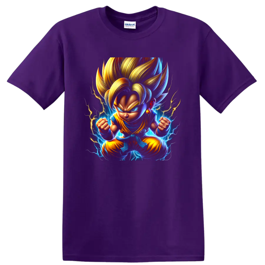 Super Saiyan Goku Dragon Ball Daima style anime fighter with lightning aura on a Purple T Shirt
