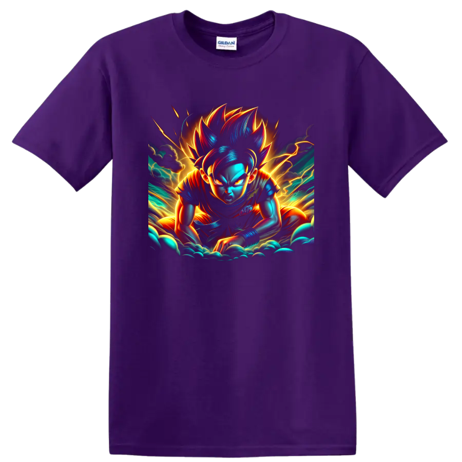 Goku Ultra Instinct anime warrior graphic with neon lightning and storm clouds on a Purple T Shirt