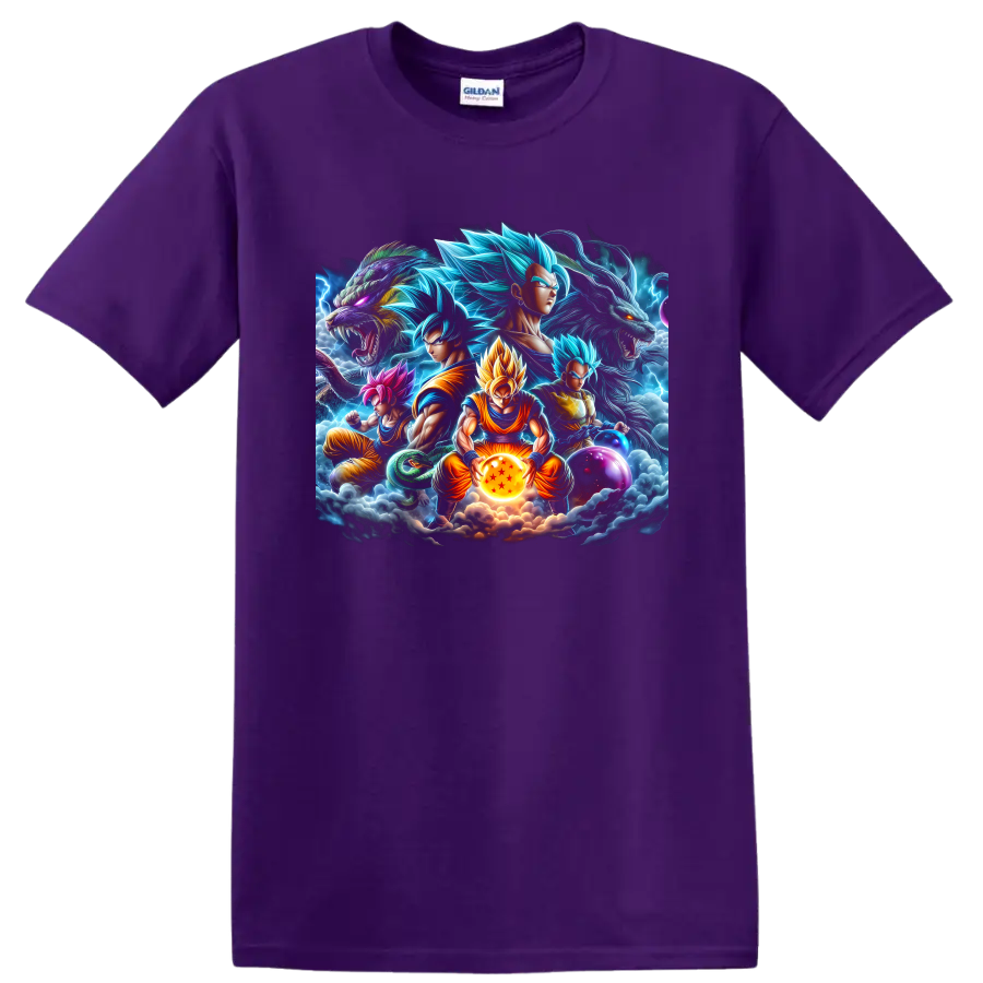 Goku and Vegeta Dragon Ball battle graphic with dragons, lightning, and Dragon Balls on a Purple T Shirt