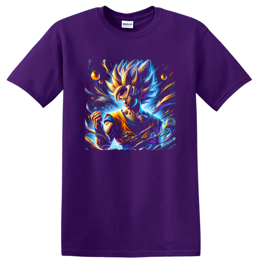 Goku Ultra Instinct-inspired cosmic anime fighter graphic with glowing energy trails on a Purple T Shirt
