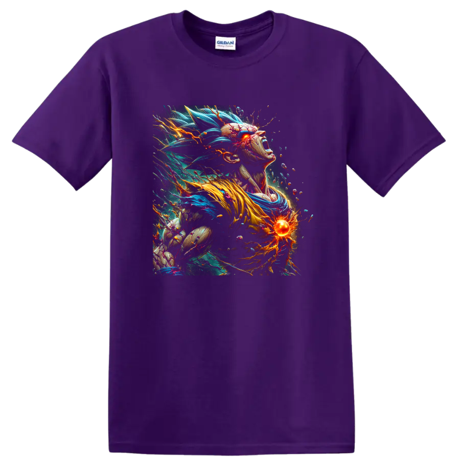 Goku Ultra Instinct anime warrior with blue energy hair and glowing power orb on a Purple T Shirt