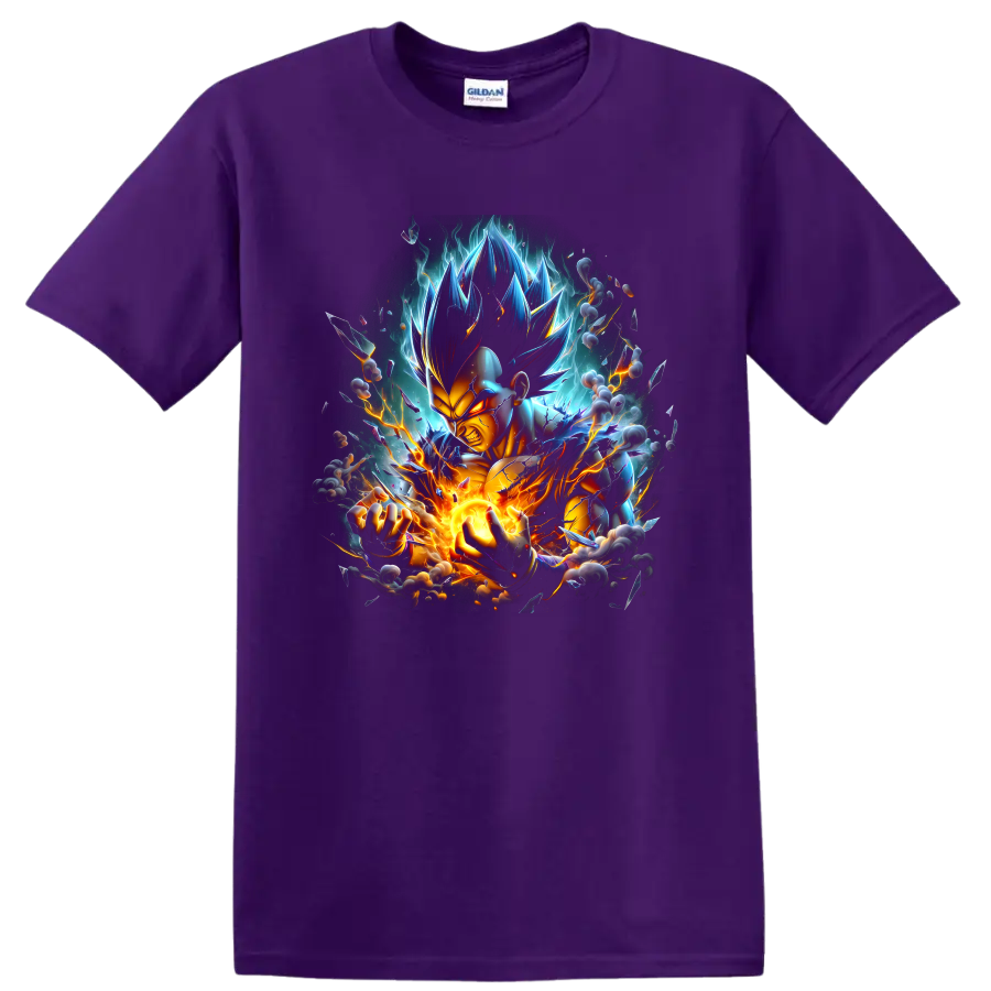 Vegeta Ultra Ego anime fighter with glowing energy blast, lightning, and cosmic aura on a Purple T Shirt