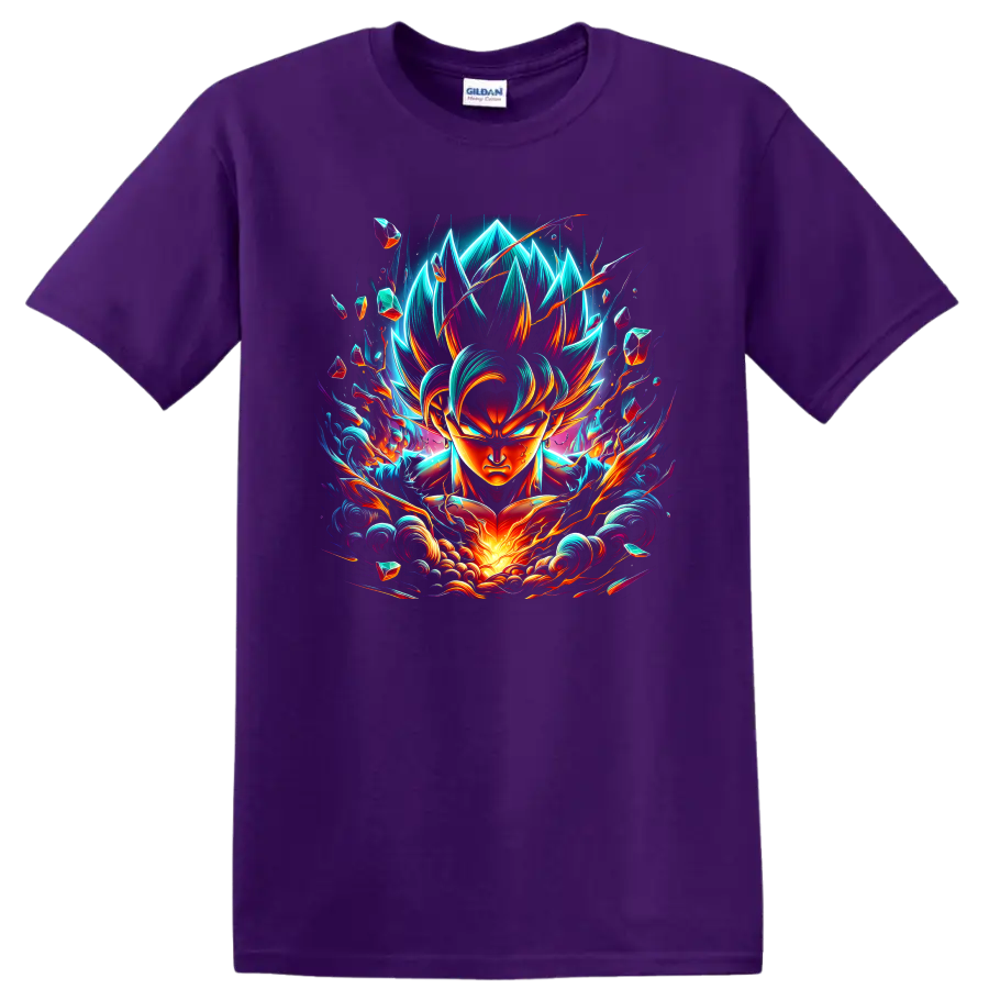 Goku Ultra Instinct neon anime warrior graphic with swirling energy and crystal fragments on a Purple T Shirt