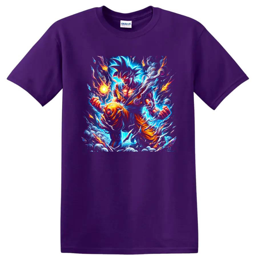 Goku Mastered Ultra Instinct anime battle art with electric aura and flames on a Purple T Shirt