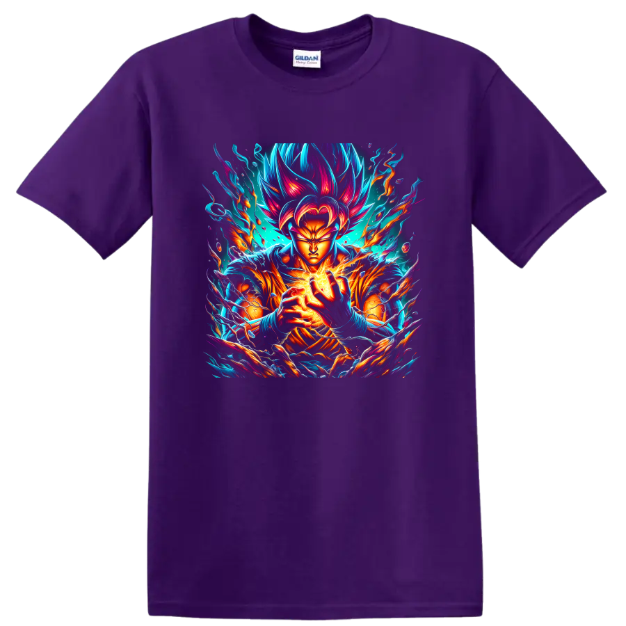 Goku Ultra Instinct-inspired neon energy warrior graphic print on a Purple T Shirt