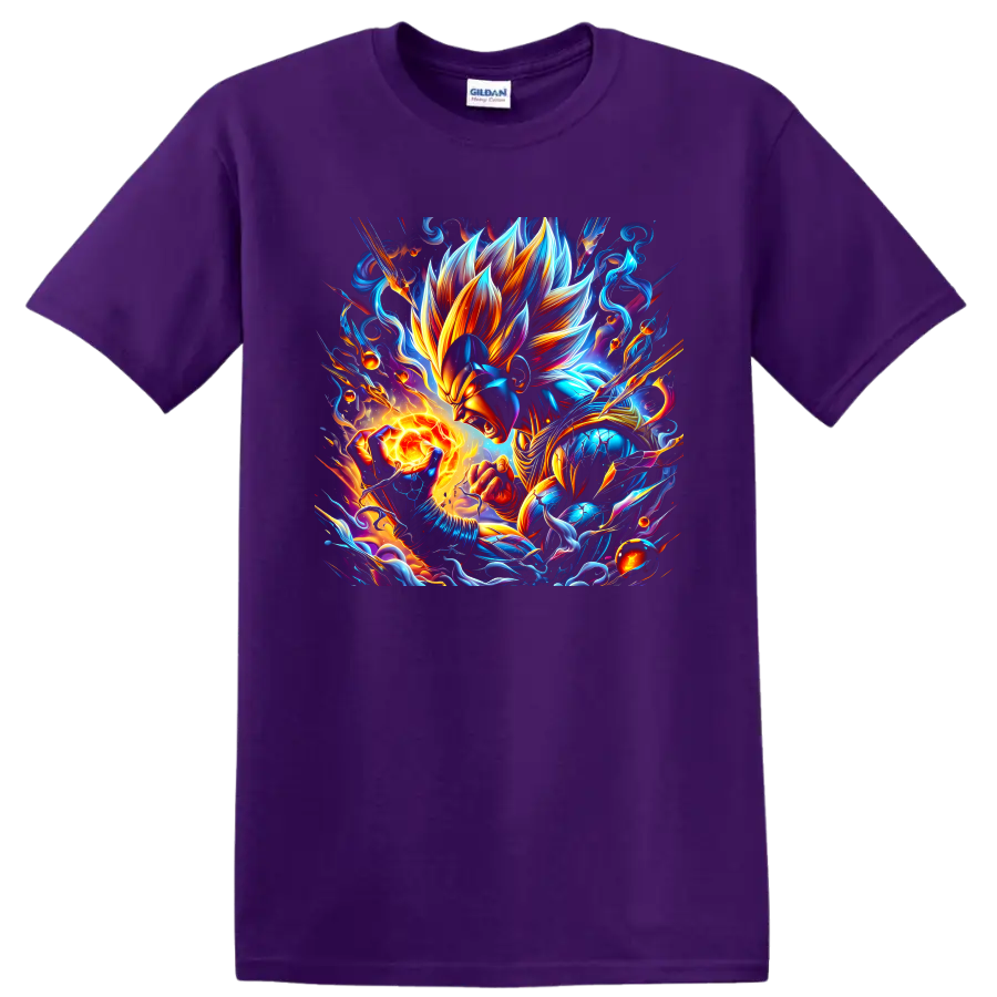 Vegeta anime warrior with blazing energy orb, electric blue flames, and cosmic swirls on a Purple T Shirt