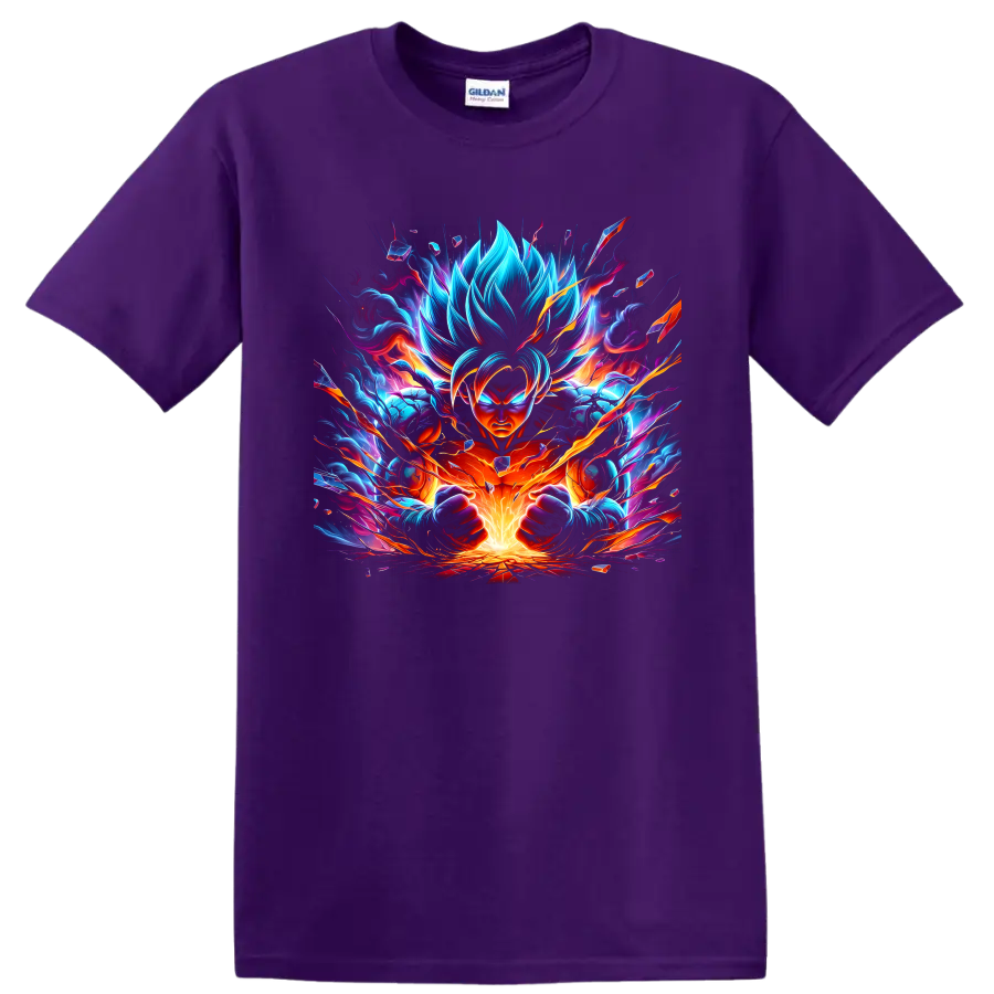 Goku Ultra Instinct with neon blue flames and orange energy burst digital art on a Purple T Shirt