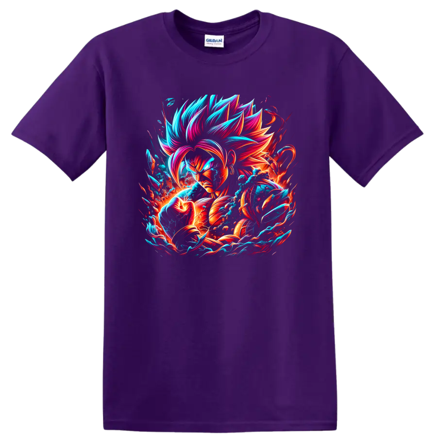 Goku Super Saiyan Blue neon anime warrior graphic with swirling energy on a Purple T Shirt