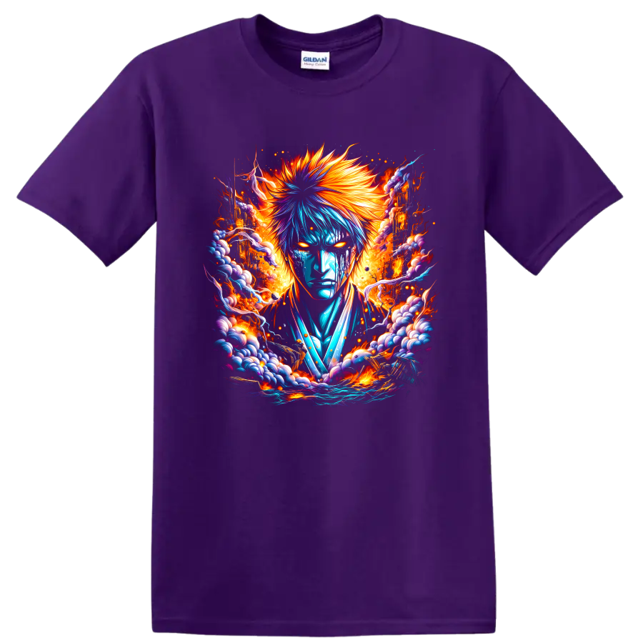 Ichigo Kurosaki fiery blue and orange fantasy warrior graphic print on a Purple T Shirt