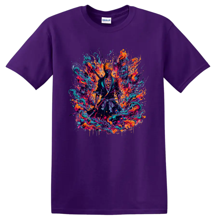Ichigo Kurosaki neon fantasy warrior graphic with fiery energy and teal waves on a Purple T Shirt