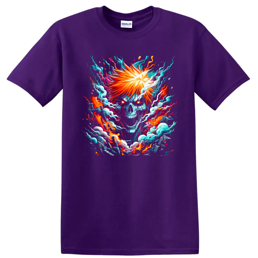 Ichigo Kurosaki Hollow-inspired skull visage with fiery anime energy art on a Purple T Shirt