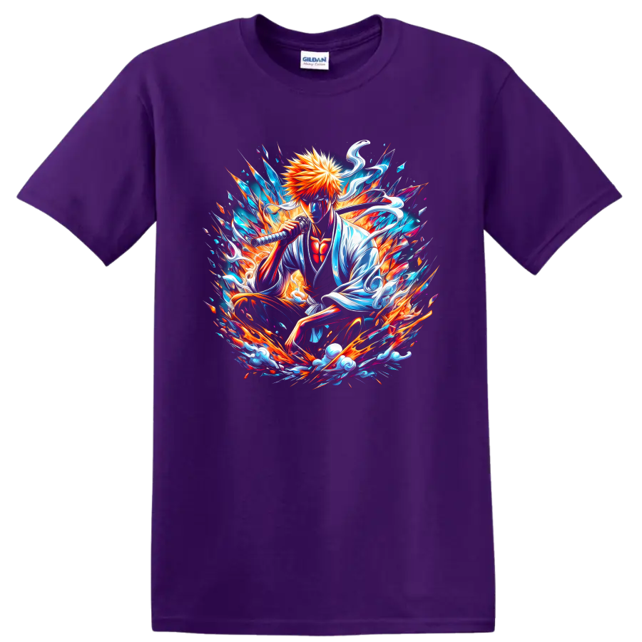 Ichigo Kurosaki sword-wielding anime art with explosive blue and orange energy on a Purple T Shirt