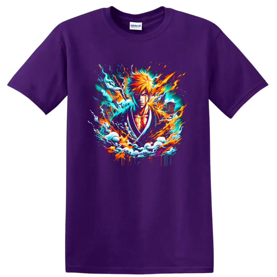 Ichigo Kurosaki anime graphic with fiery energy bursts and stylized turquoise waves on a Purple T Shirt