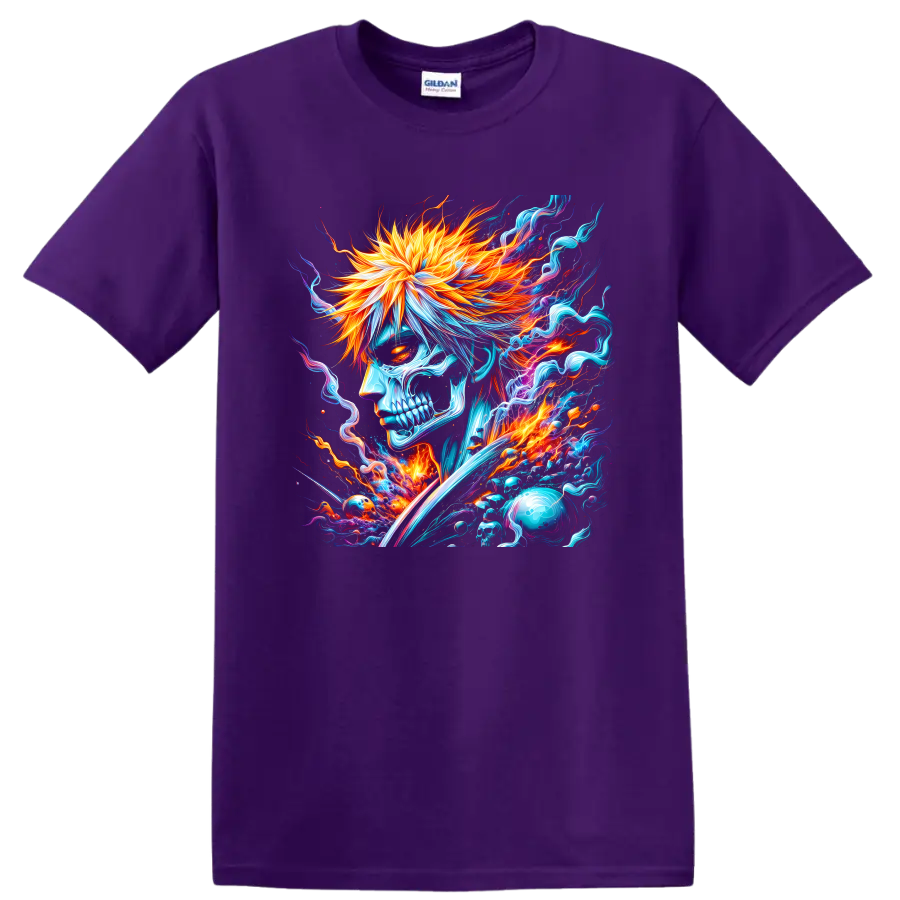 Ichigo Kurosaki skull warrior with flaming hair, sword, and neon energy on a Purple T Shirt