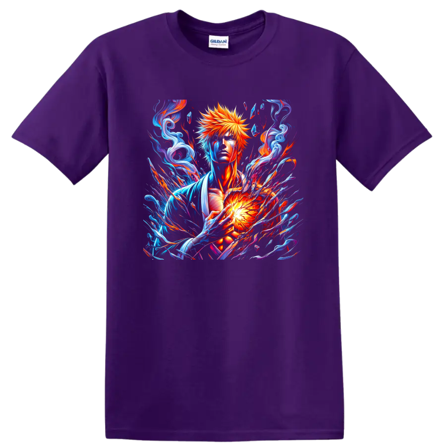 Ichigo Kurosaki fiery energy fantasy art with swirling blue and red effects on a Purple T Shirt