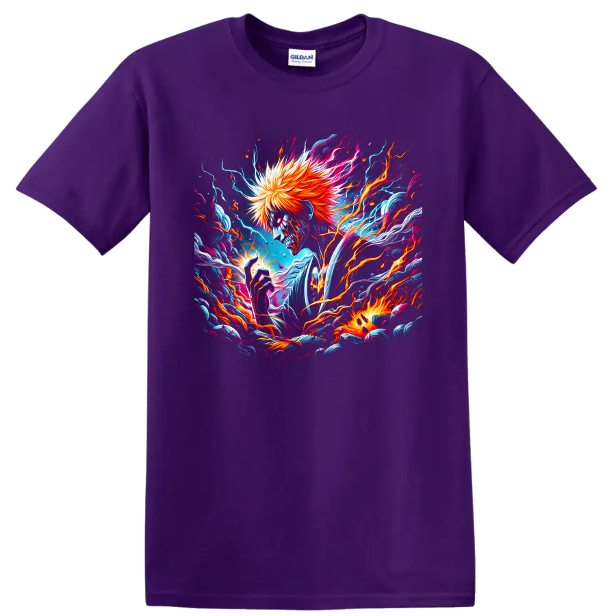 Ichigo Kurosaki skull-like portrait with fiery hair and neon electric anime art on a Purple T Shirt