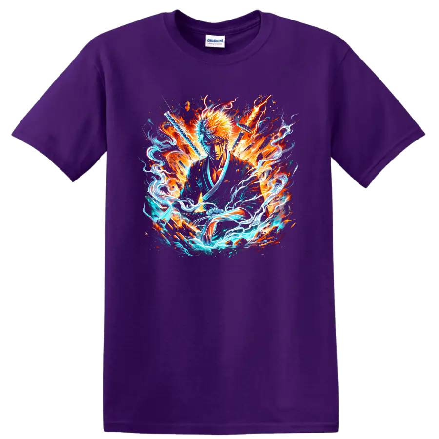 Ichigo Kurosaki Bleach-style swordsman art with fiery and electric energy on a Purple T Shirt
