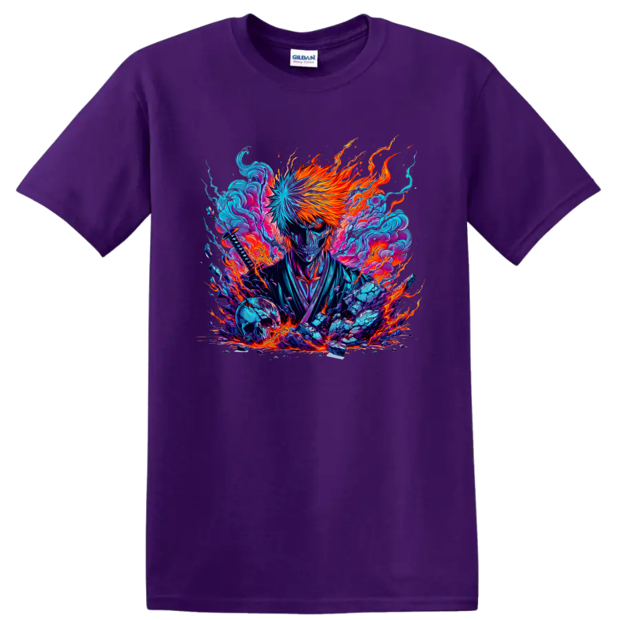 Ichigo Kurosaki Bankai-inspired masked warrior with fiery energy anime graphic on a Purple T Shirt