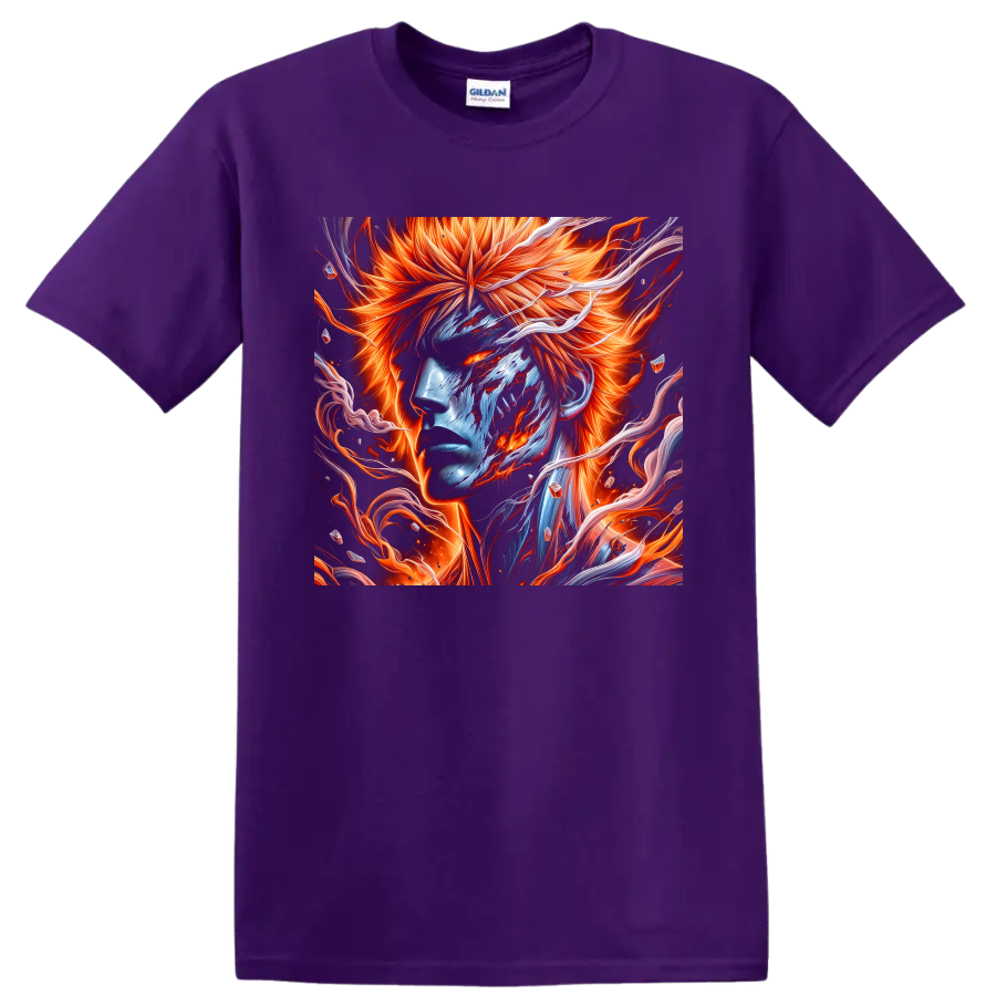 Ichigo Kurosaki fiery orange and blue anime portrait with swirling energy ribbons on a Purple T Shirt