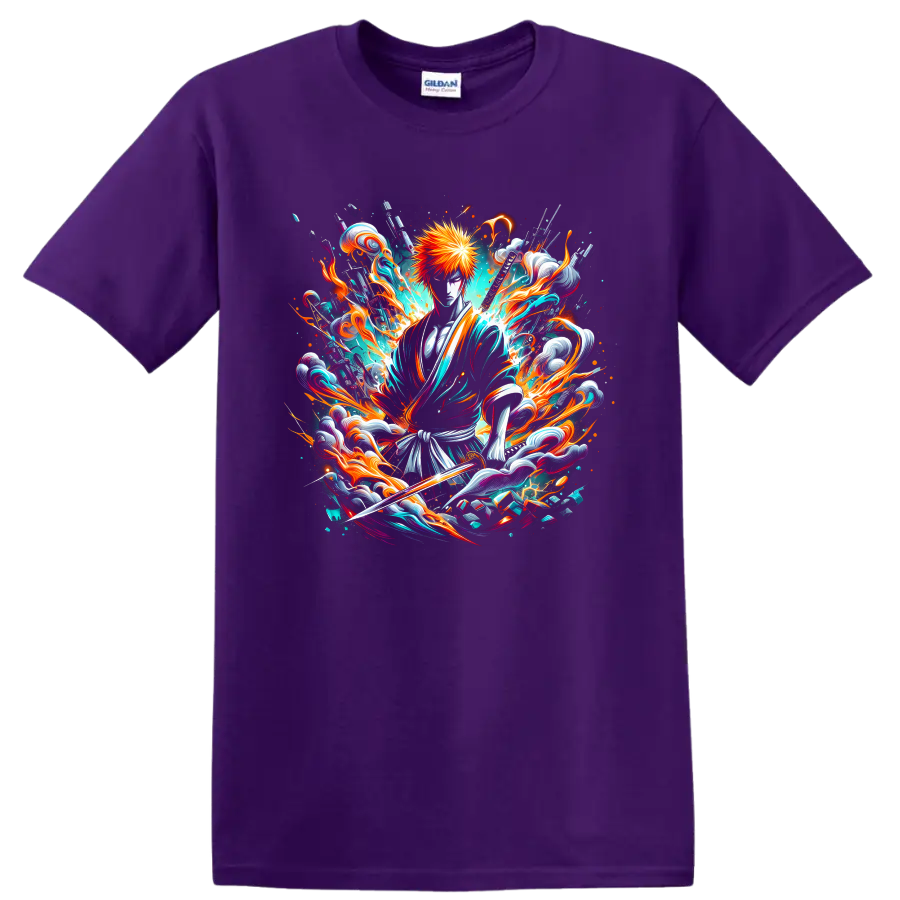 Ichigo Kurosaki Soul Reaper with sword in fiery teal anime splash art on a Purple T Shirt