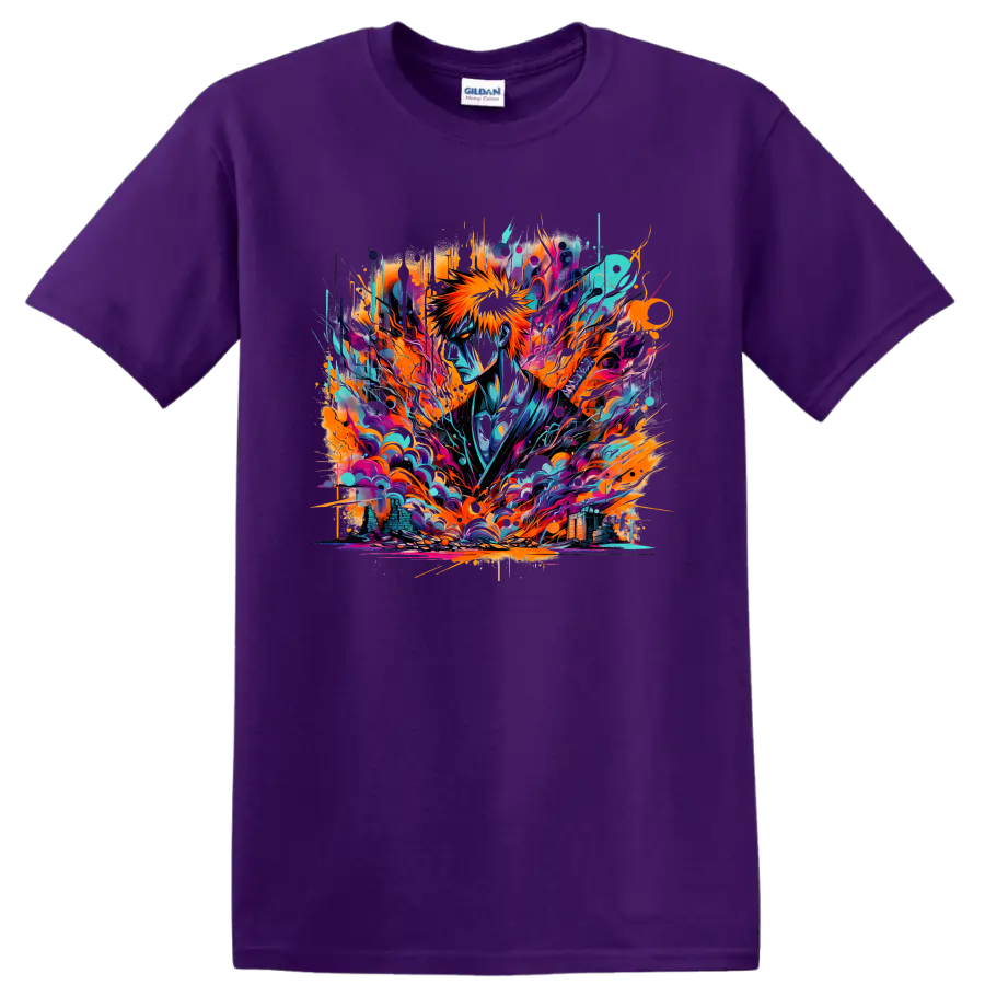 Ichigo Kurosaki in neon abstract graffiti-style Soul Reaper artwork on a Purple T Shirt