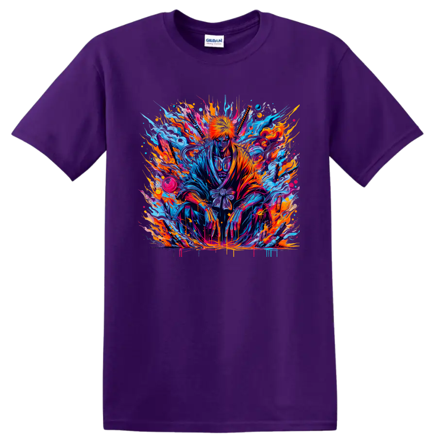 Ichigo Kurosaki neon splash-art warrior graphic with blue energy and orange flames on a Purple T Shirt