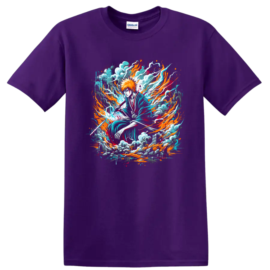 Ichigo Kurosaki fiery sword anime art with turquoise energy and flame effects on a Purple T Shirt