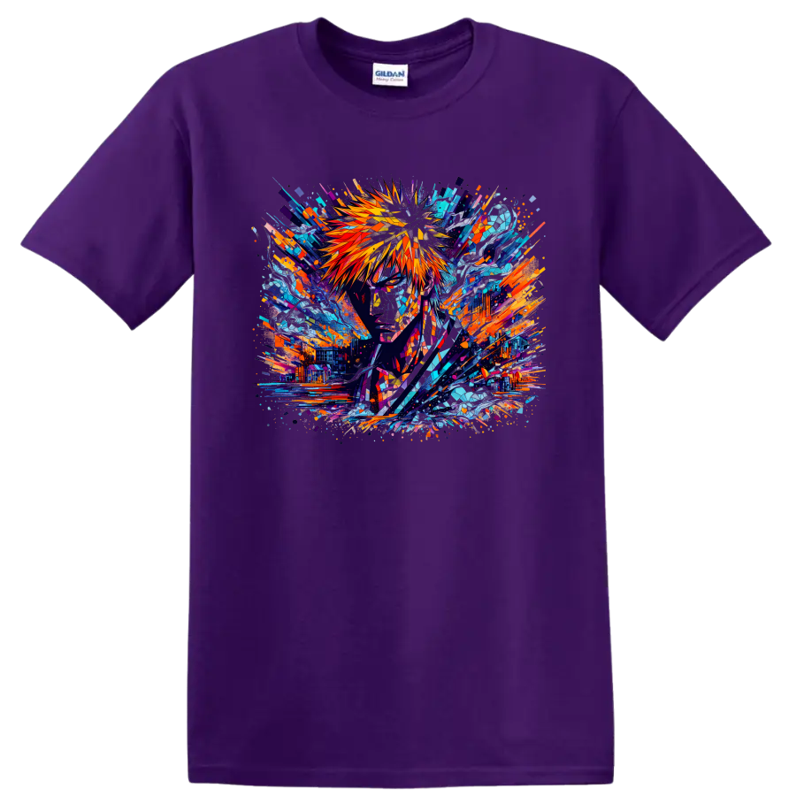 Ichigo Kurosaki stained-glass-style abstract anime portrait with sword on a Purple T Shirt