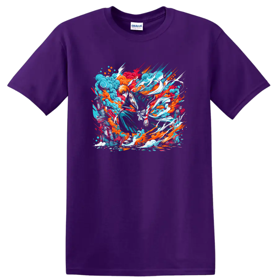 Ichigo Kurosaki Bleach anime action graphic with colorful waves and paint splashes on a Purple T Shirt