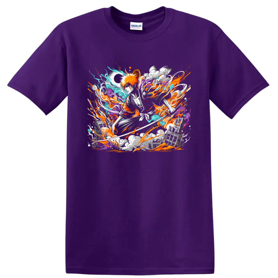 Ichigo Kurosaki with sword in dynamic orange, teal, and purple anime energy art on a Purple T Shirt