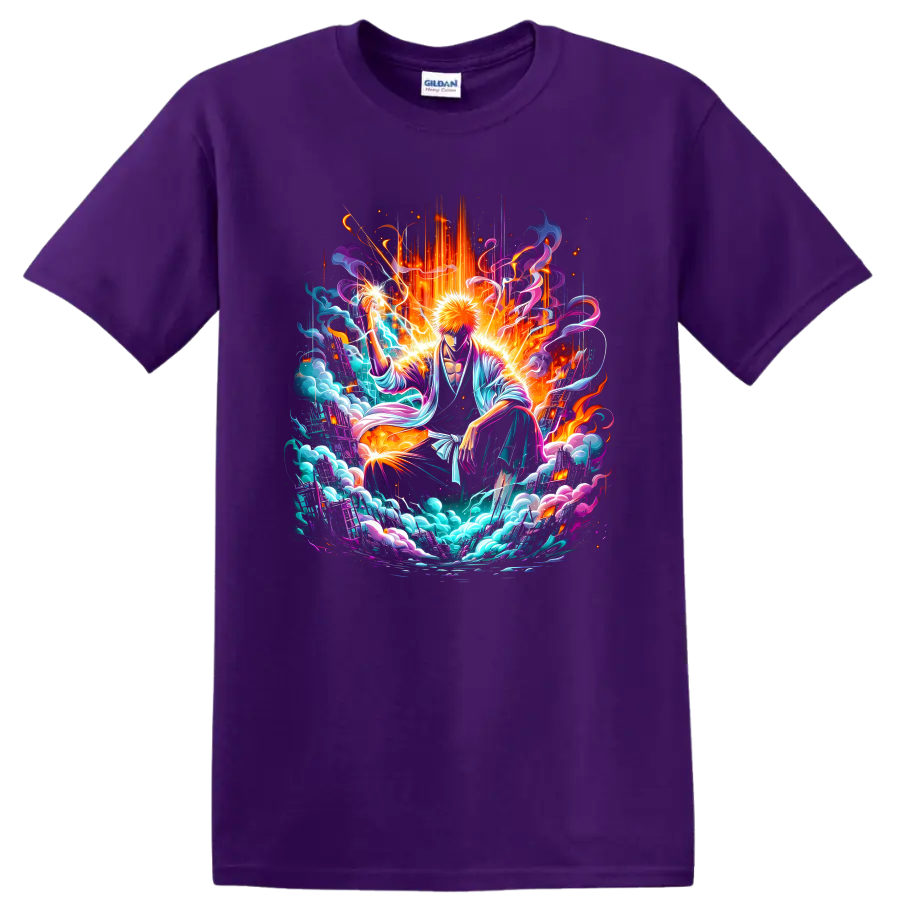 Ichigo Kurosaki neon fantasy battle art with energy waves, sparks, and swirling clouds on a Purple T Shirt