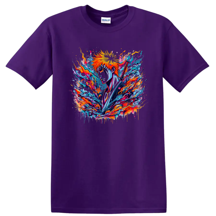 Ichigo Kurosaki Bleach neon sword warrior graphic with flames and blue energy on a Purple T Shirt