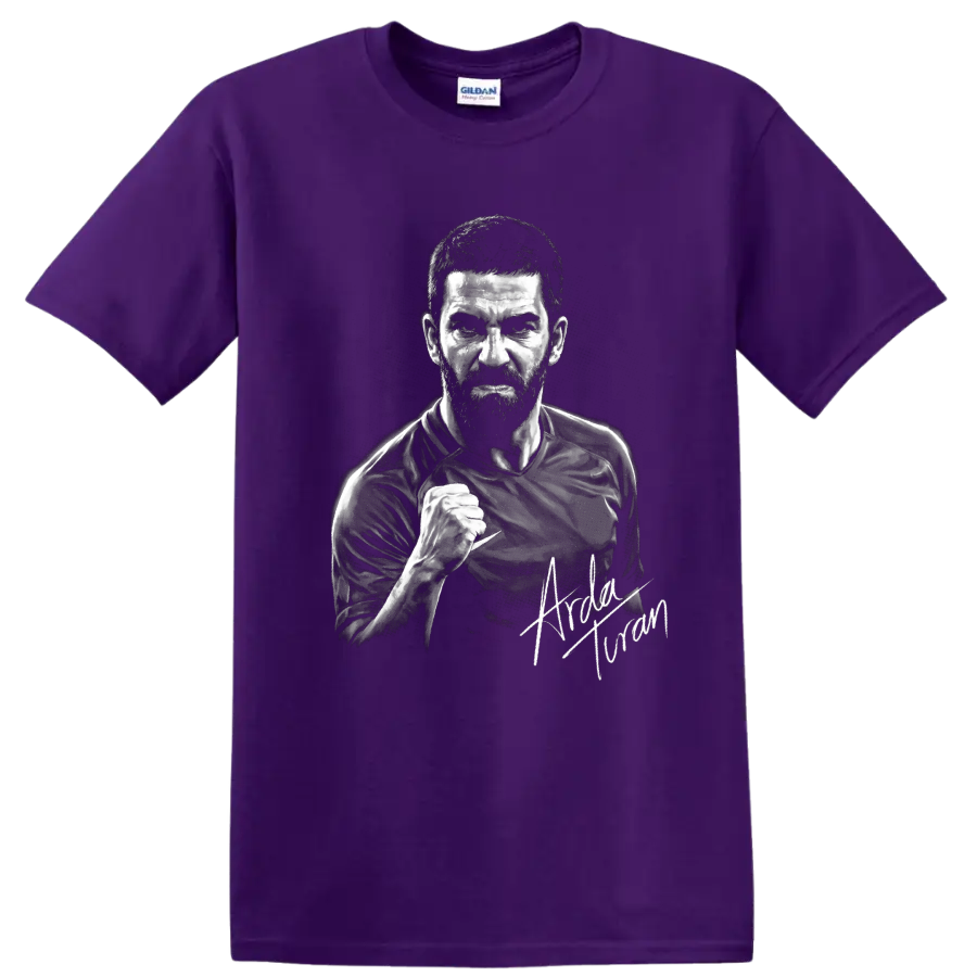 Arda Turan monochrome soccer portrait with raised fist and signature-style detail on a Purple T Shirt