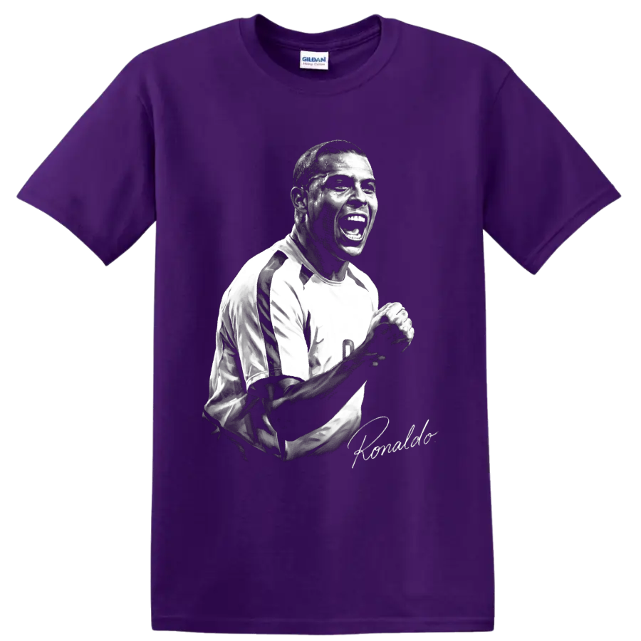 Ronaldo Nazário monochrome soccer celebration portrait with signature-style detail on a Purple T Shirt
