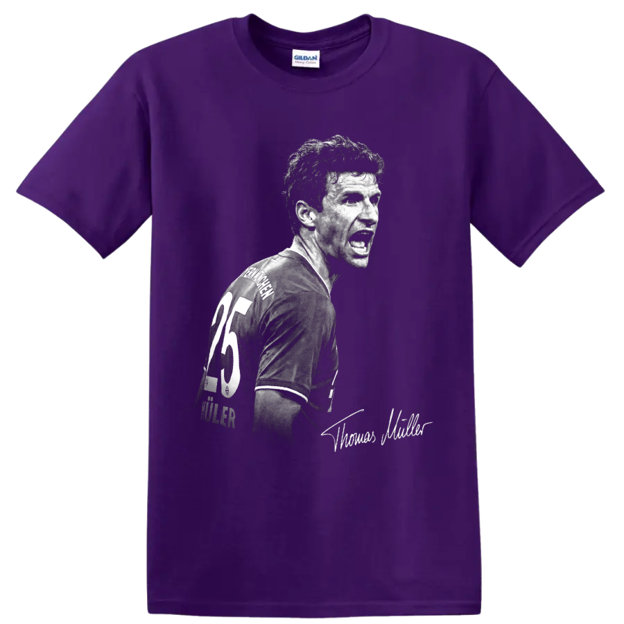 Thomas Müller black-and-white soccer portrait with number 25 jersey and signature detail on a Purple T Shirt
