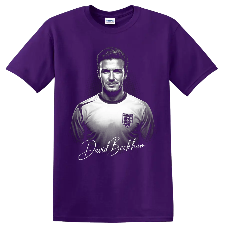 David Beckham England soccer portrait with signature-style lettering on a Purple T Shirt