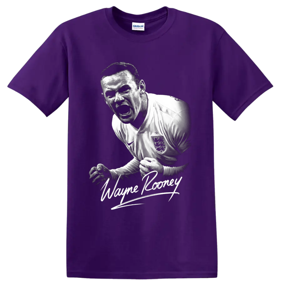 Wayne Rooney England soccer player monochrome portrait with signature-style lettering on a Purple T Shirt