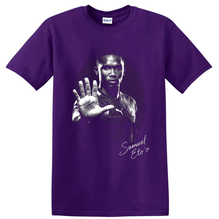 Samuel Eto'o Cameroon soccer portrait in dramatic distressed black-and-white style on a Purple T Shirt