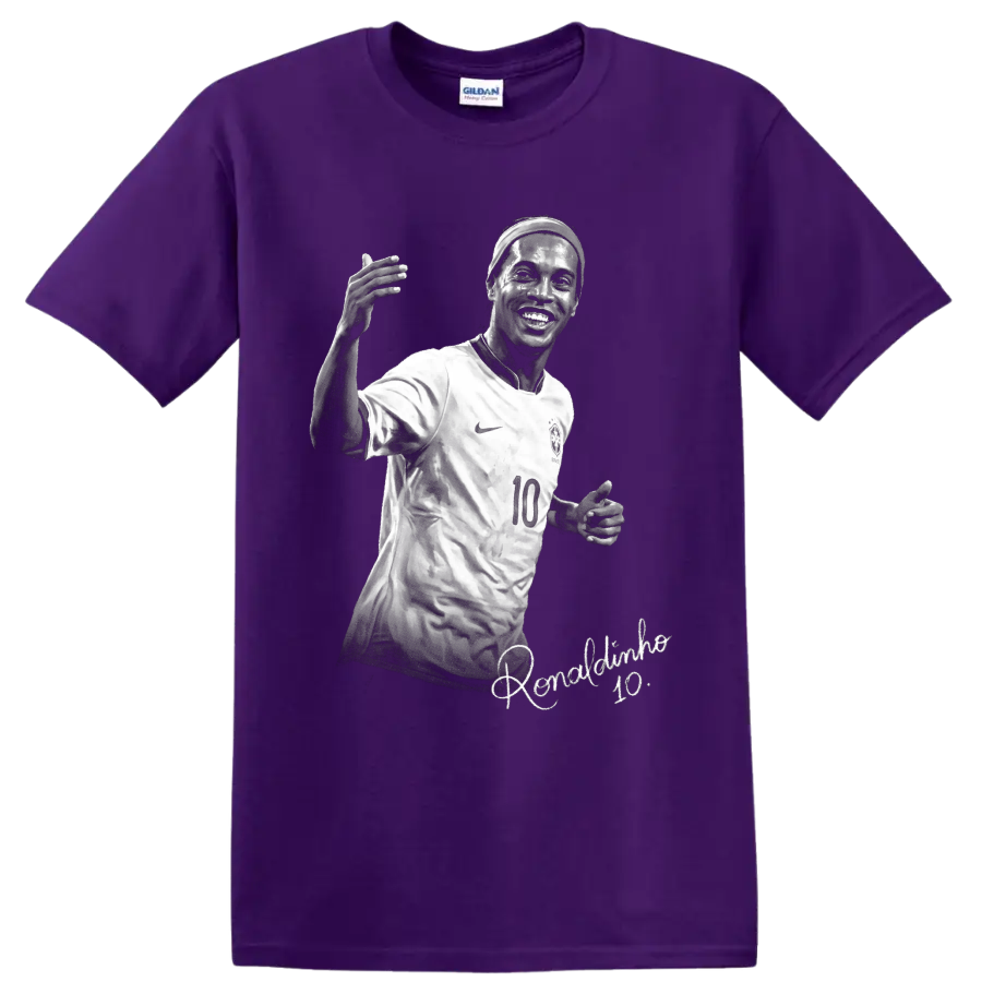 Ronaldinho in Brazil number 10 jersey, monochrome soccer portrait with signature script on a Purple T Shirt