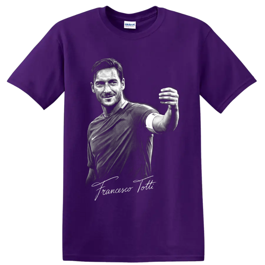 Francesco Totti monochrome soccer portrait with signature-style lettering on a Purple T Shirt