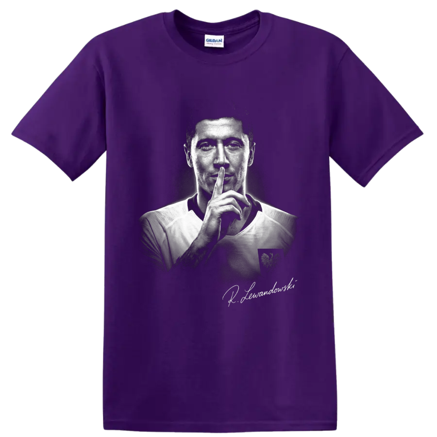 Robert Lewandowski Poland soccer shushing portrait in dramatic monochrome style on a Purple T Shirt