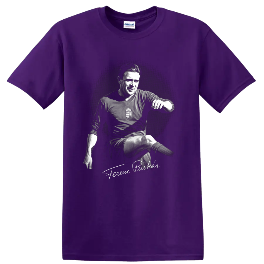Ferenc Puskás monochrome soccer action portrait with signature-style lettering on a Purple T Shirt