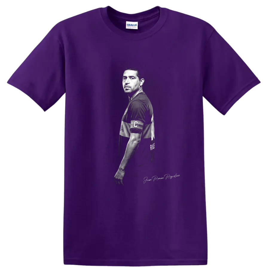 Juan Román Riquelme monochrome soccer portrait with captain’s armband on a Purple T Shirt
